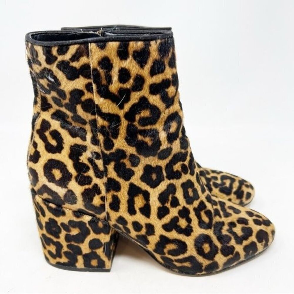 SAM EDELMAN BROWN BLACK FAUX FUR LEOPARD SIDE ZIP BOOTIES SZ 7 - Picture 2 of 12